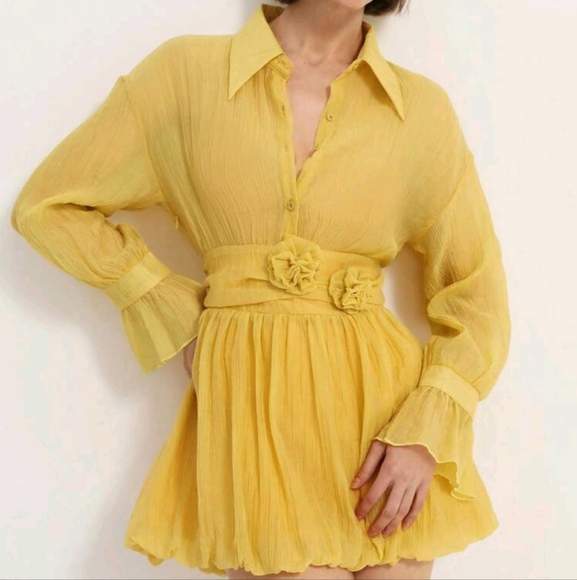 French Style Elegant 2 In 1 Design Sheer Collared Long Sleeve Mini Dress - Picture 2 of 4